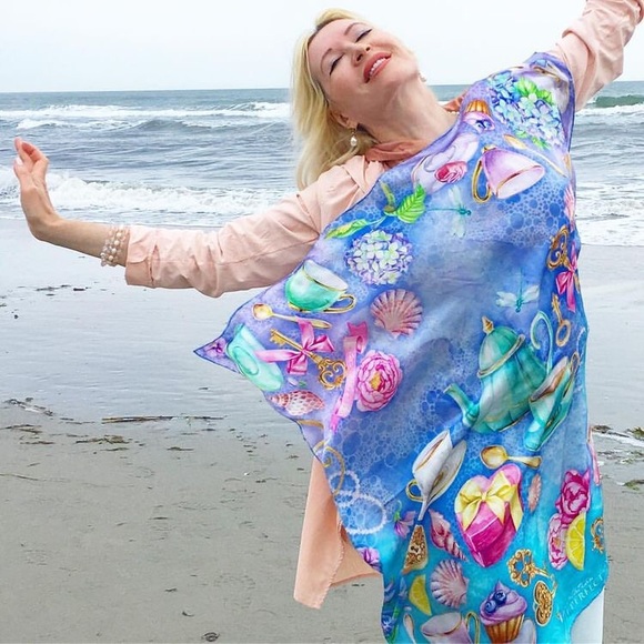 100% silk square scarf turquoise lilac floral wrap "Believe" Victorian tea party - Picture 3 of 8